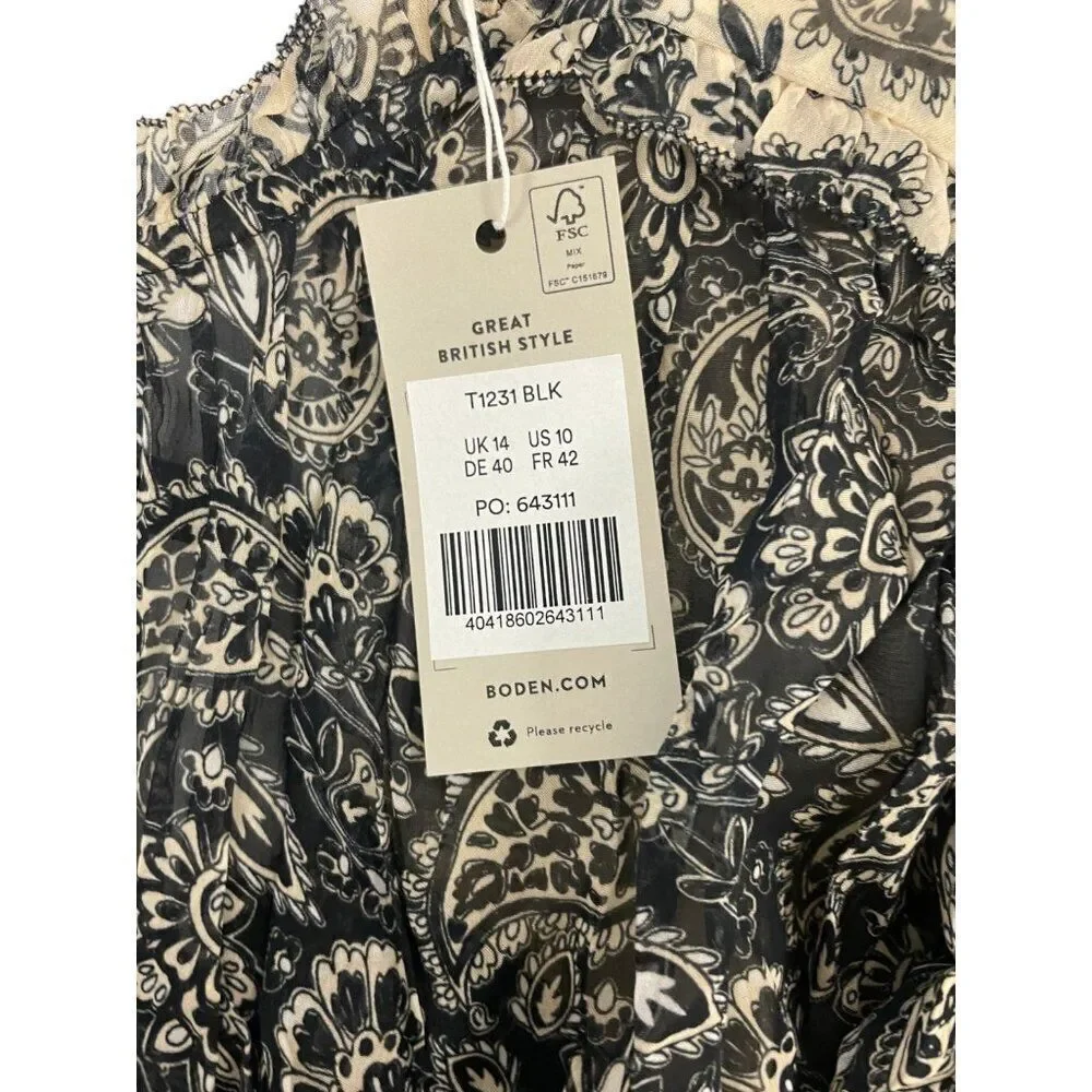 Boden Womens Swing Top UK 14 US 10 Black Paisley Ruffled Cottagecore T1231 NWT